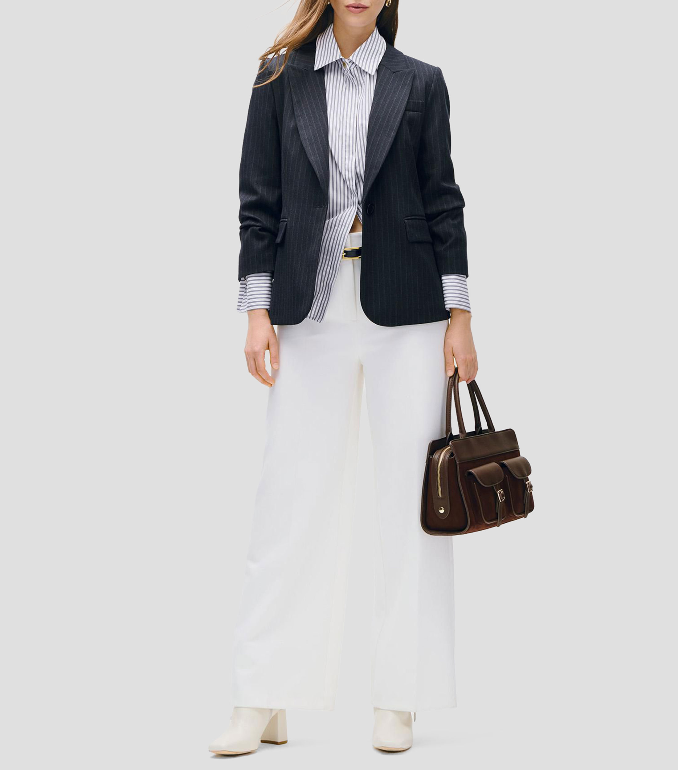 Blazer marino raya de gis, solapa de pico Mujer.